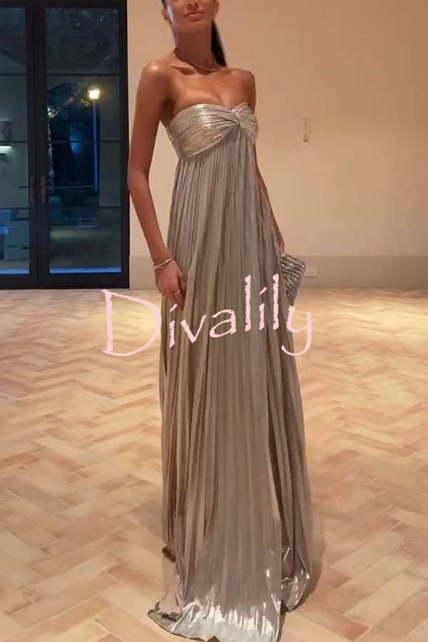 Night Elf Metallic Fabric Pleated Off Shoulder Twist Bust Slit Maxi Dress