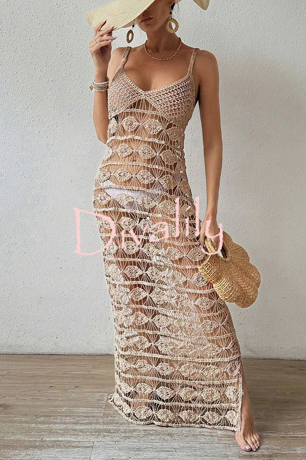 Sexy Sleeveless Sling Hollow Knit Cover-up Maxi Dress