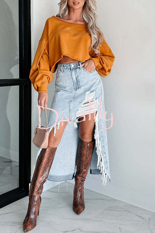 Darla Cutting Ties Heavily Distressed Denim Maxi Skirt