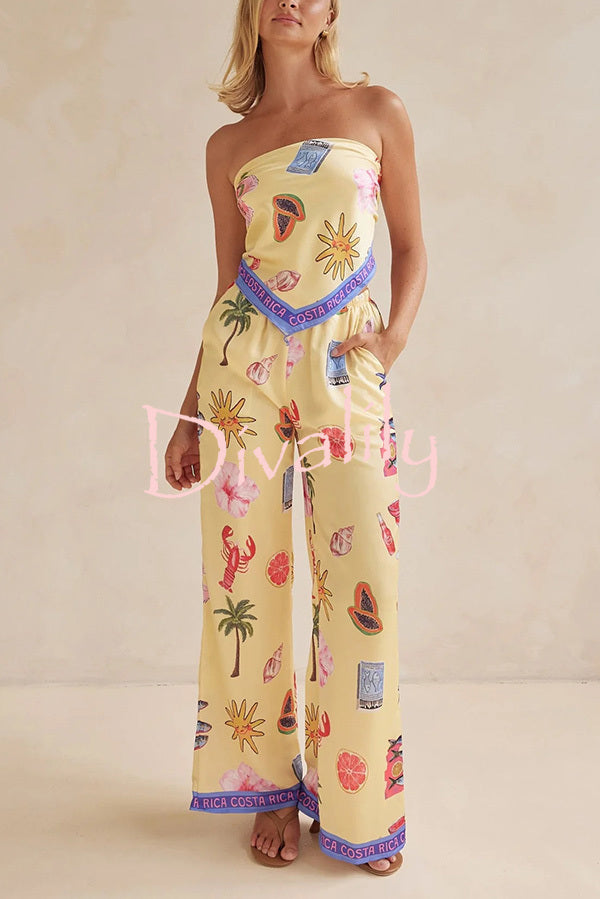 Linen Blend Unique Printed Bandeau Top and Elastic Waist Pocket Pants Set