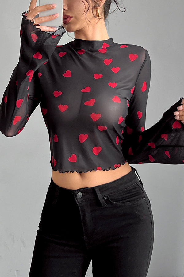Unique Printed Mesh Trumpet Sleeve Slim Fit Top