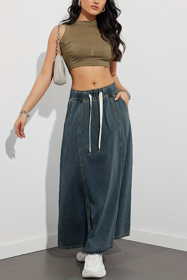 Fashion Elastic Waist Drawstring Casual Pocket Denim Maxi Skirt