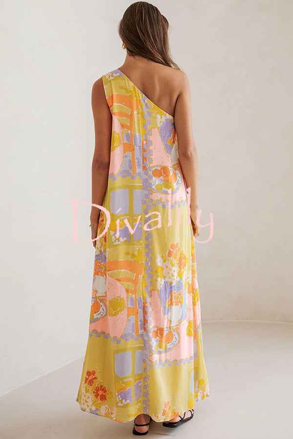 Unique Summer Print One Shoulder Resort Maxi Dress