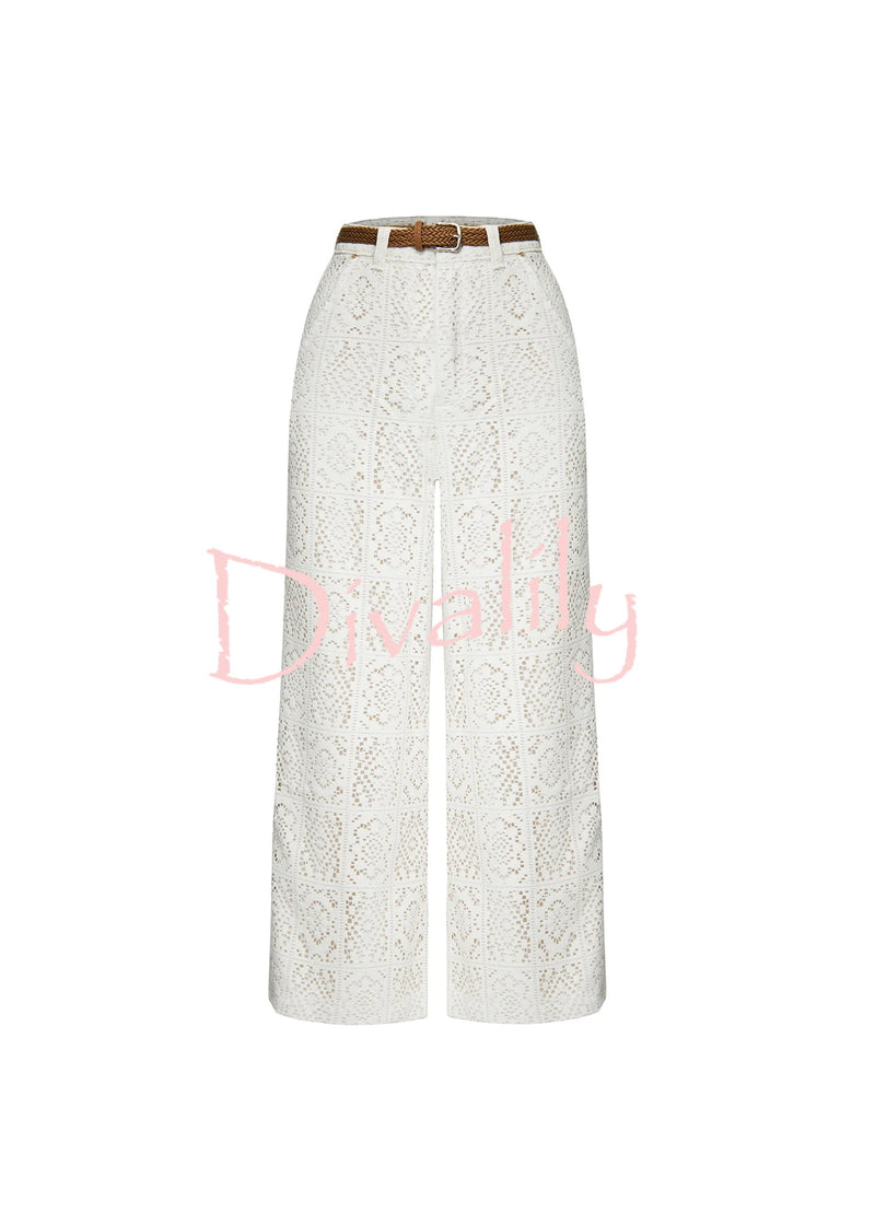 Joyful Bond Crochet Lace Mid Rise Pocketed Wide-leg Pants