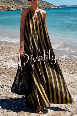 Striped Print V-Neck Loose Beach Vacation Maxi Dress