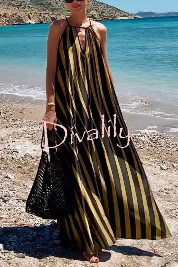 Striped Print V-Neck Loose Beach Vacation Maxi Dress