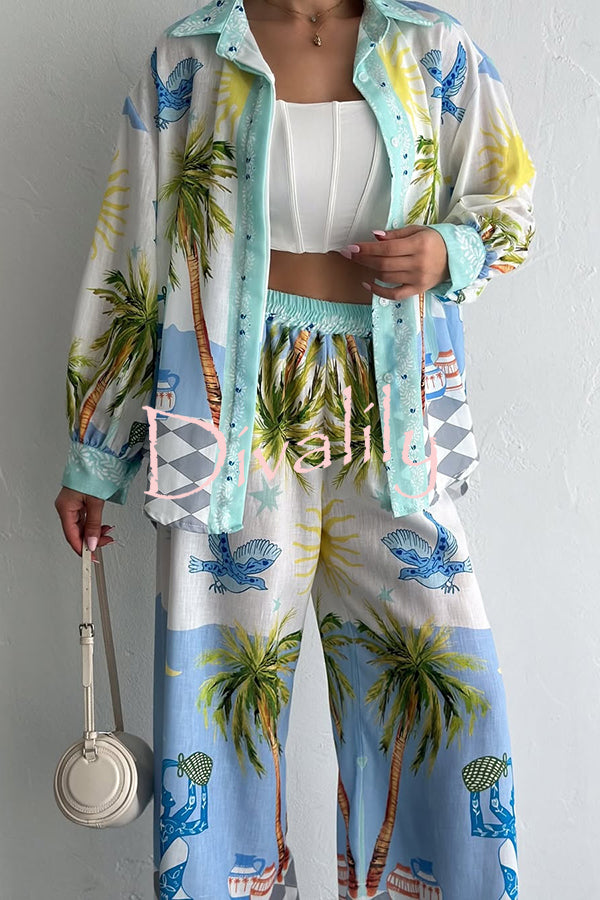 Holiday Style Print Loose Long Sleeve Shirt and Elastic Waist Loose Pocket Wide Leg Pants Set