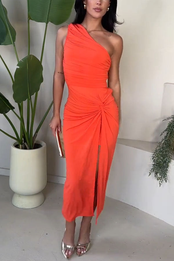 Special Attendance One Shoulder Ruched Twist Knot Slit Stretch Midi Dress