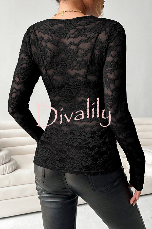 Solid Color Lace V-neck Long-sleeved Slim-fit Top