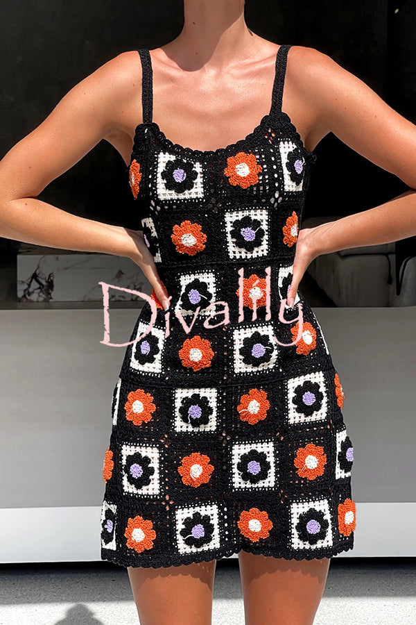 Embroidered Floral Strappy Knitted Mini Dress