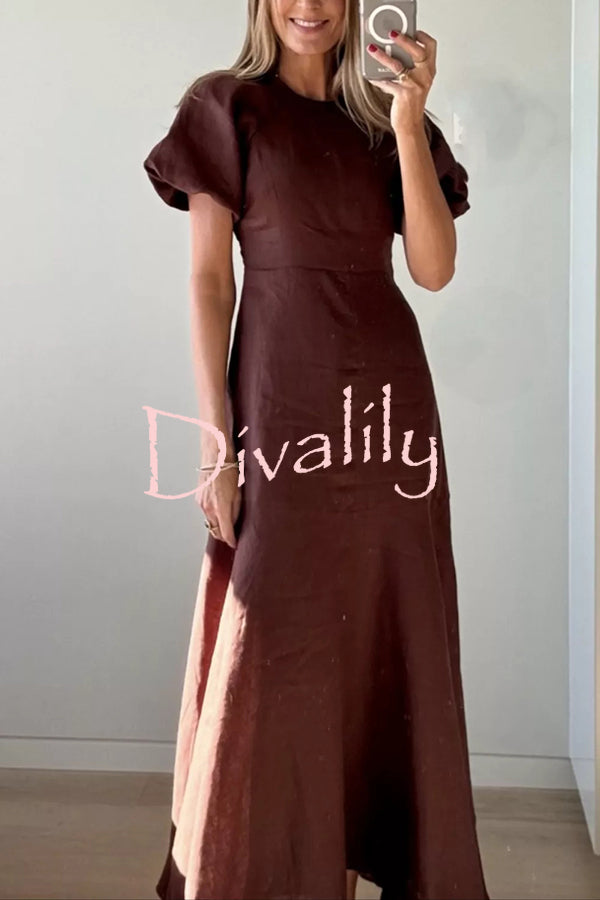 Della Linen Blend Short Sleeve Fitted Waist Maxi Dress