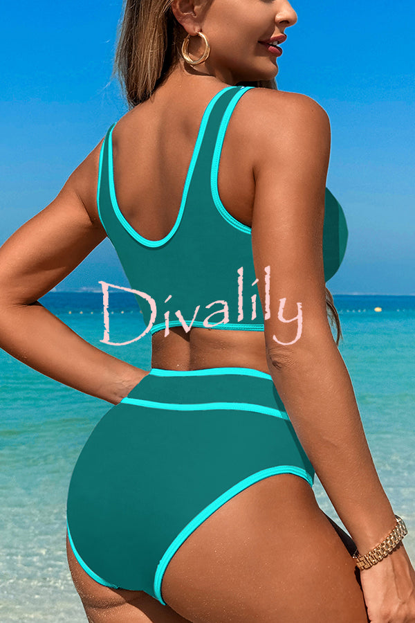 Solid Color Contrast High Waist Stretch Bikini Swimsuit