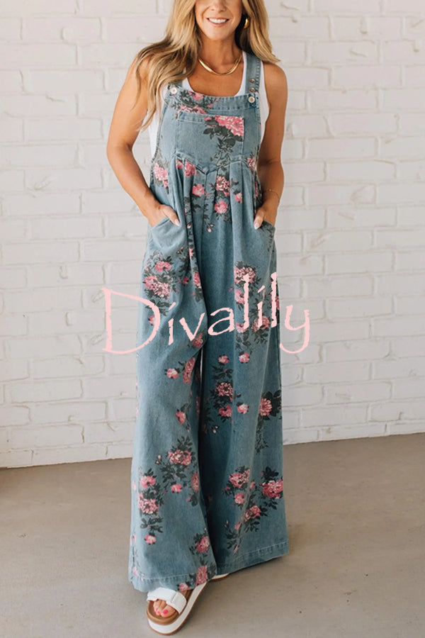 Fashion Floral Print Casual Button Pocket Loose Denim Overalls