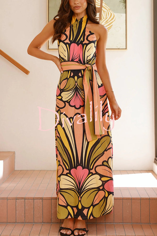 Unique Print Halter Neck Waist Tie Holiday Maxi Dress