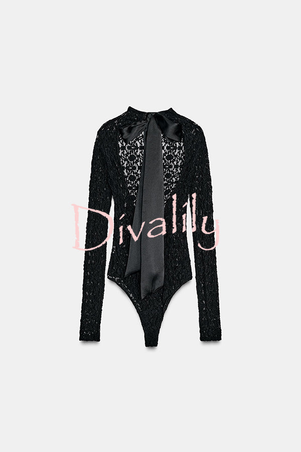 Anna Semi-sheer Lace Long Sleeve Back Bow Tie-up Cutout Stretch Bodysuit
