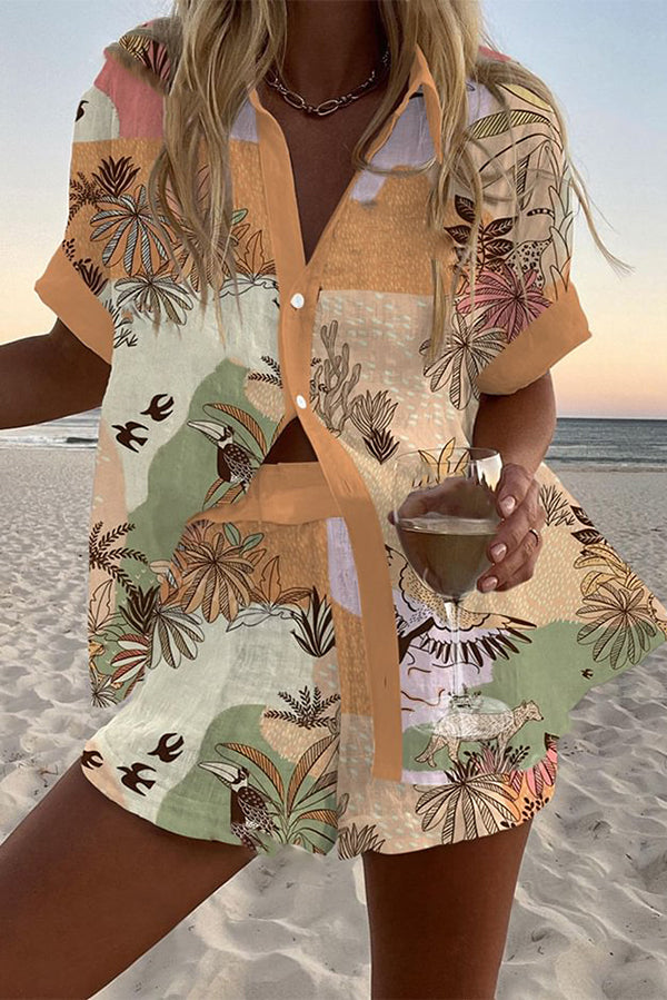 Line Plant Print Loose Button Elastic Waist Shorts Set
