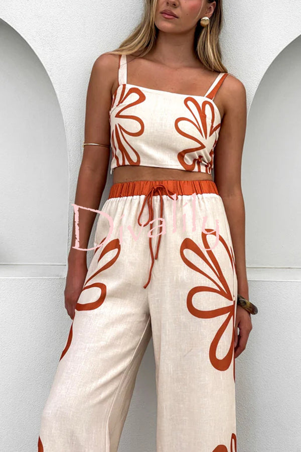 Floral Print Suspender Back Pleated Top and Elastic Waist Drawstring Pants Set