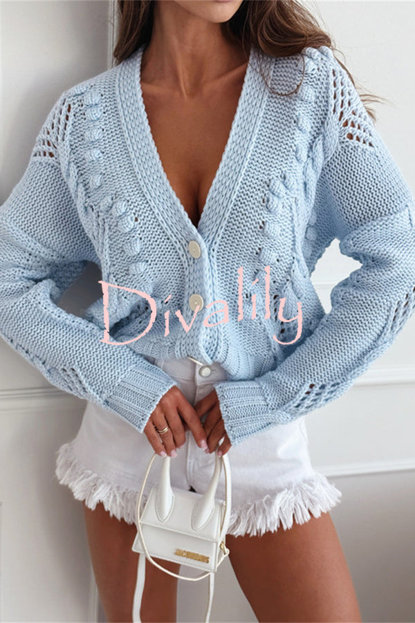 Fashion Hollow Long Sleeve V-neck Button Loose Knitted Cardigan