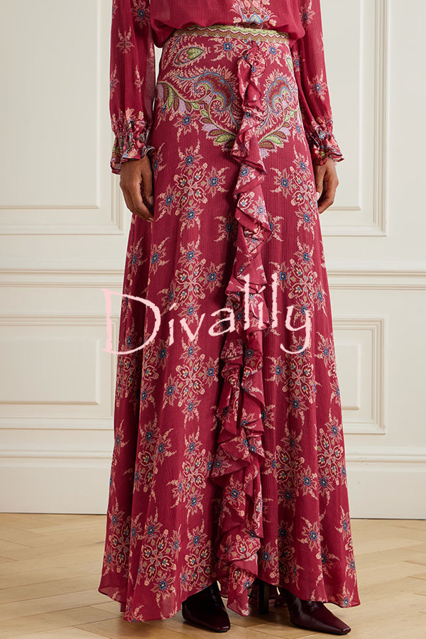 Unique Printed Chiffon Long-sleeved Loose Shirt and Elegant Ruffled Maxi Skirt Set