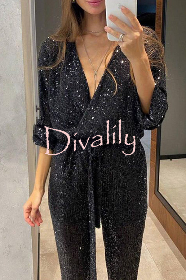 Cheers To You Sequin Long Sleeve Belted Wrap Loose Jumpsuit