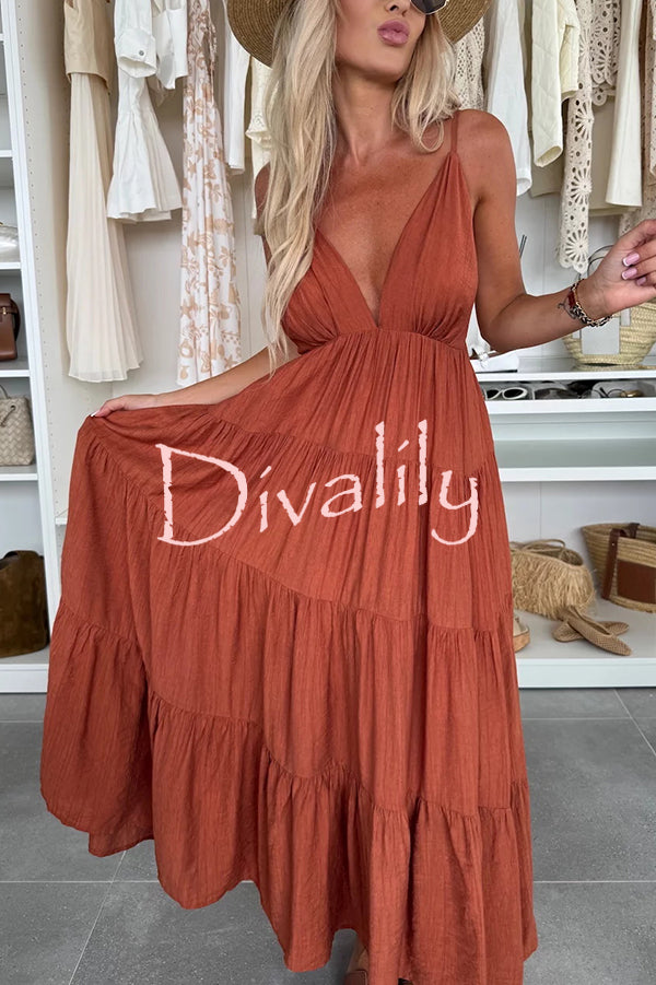 Bohemian Style V-neck Backless Slip Layered Vacation Maxi Dress