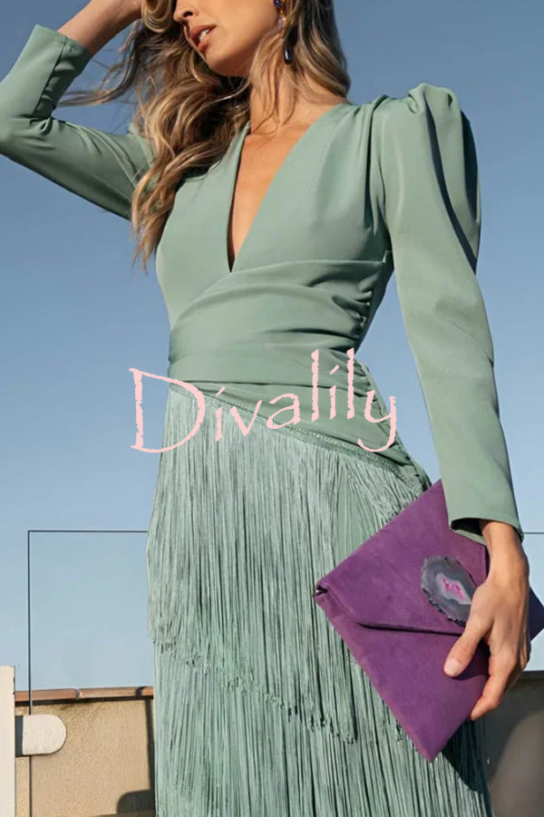 Solid Color V-Neck Long Sleeve Elegant Tassel Maxi Dress