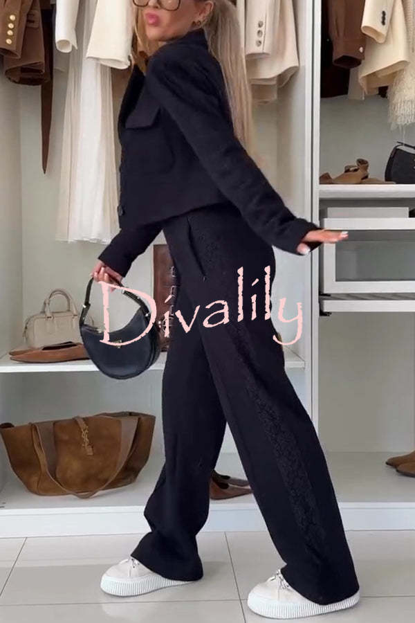 Fashion Lace Panel Long-sleeved Crop Top and Elastic Waist Tie Pocket Casual Pants Set