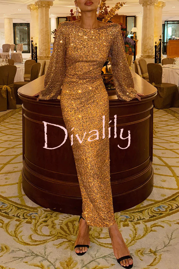 Shine Your Style Sequin Balloon Sleeve Back Drape Cowl Neck Maxi Dress