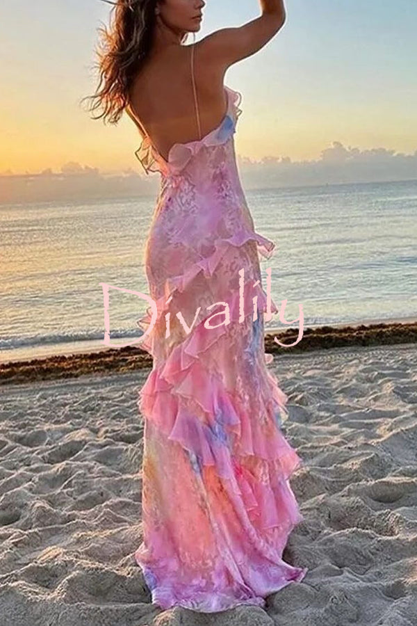 Multicolor Tie-dye Sexy Backless Wave-hem Strap Maxi Dress