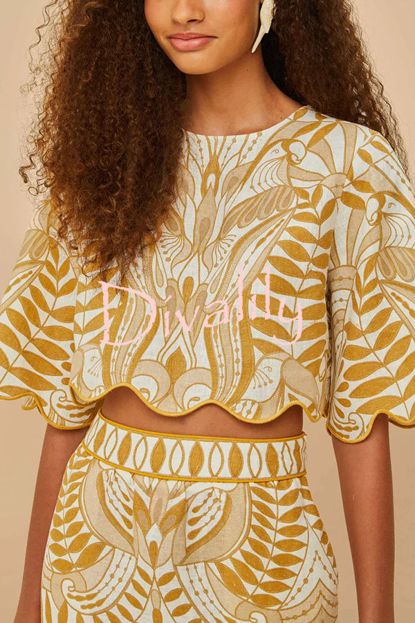 Korra Linen Blend Unique Print Wave Trim Bell Sleeve Top and Elastic Waist Pocket Midi Skirt Set