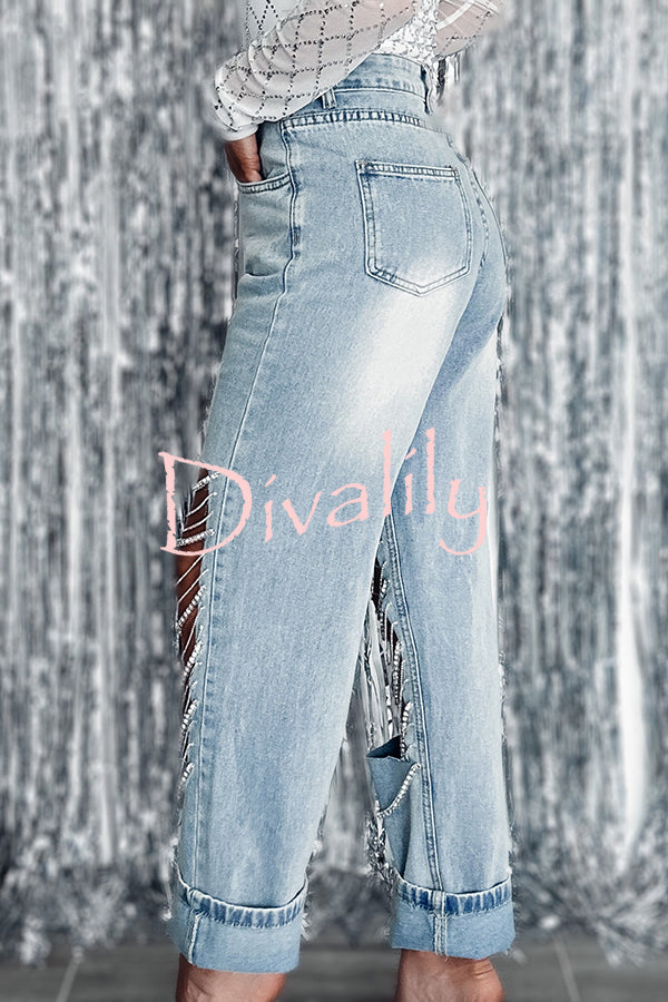 Casual Pocket Ripped Chain Embellished Straight Jeans