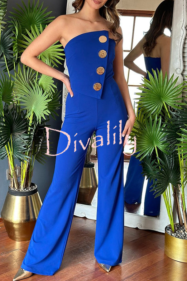 Solid Color Sexy Tube Top Gold Button Embellished Bootcut Jumpsuit