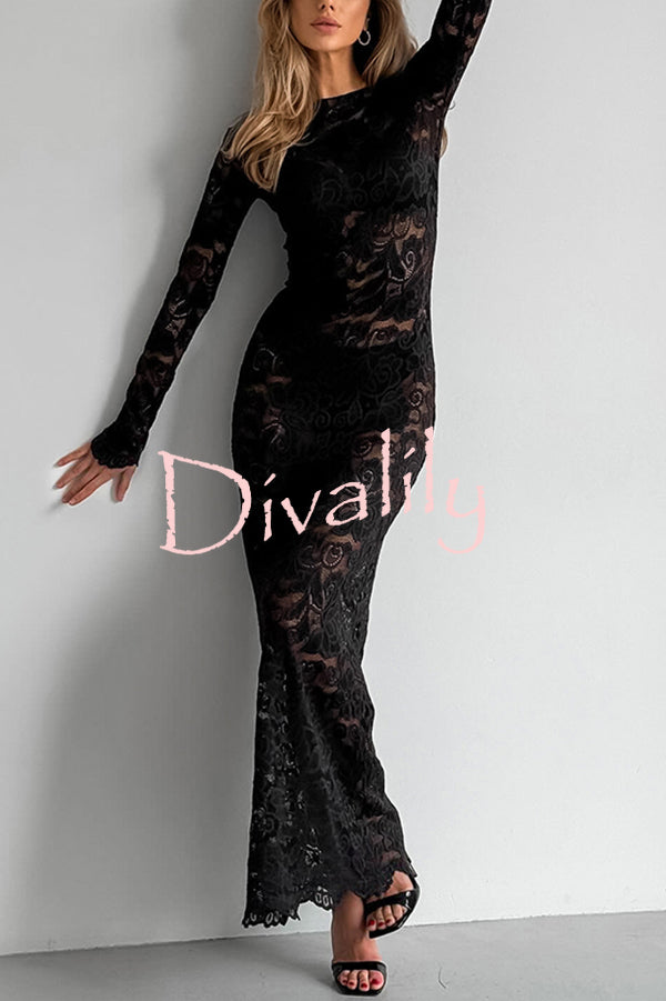 Sexy Openwork Lace Long-sleeved Slim-fit Fishtail Maxi Dress