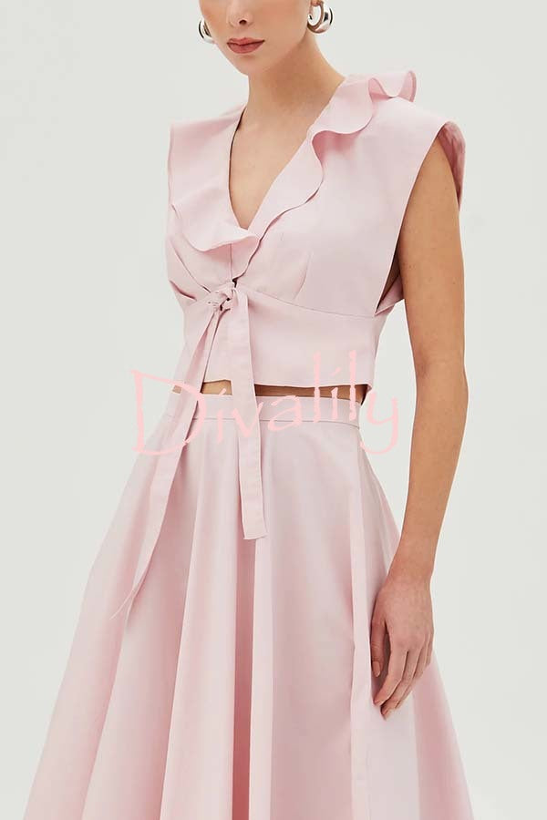 Haylee Linen Blend Ruffle Neck Tie-up Crop Top and High Rise Umbrella Maxi Skirt Set