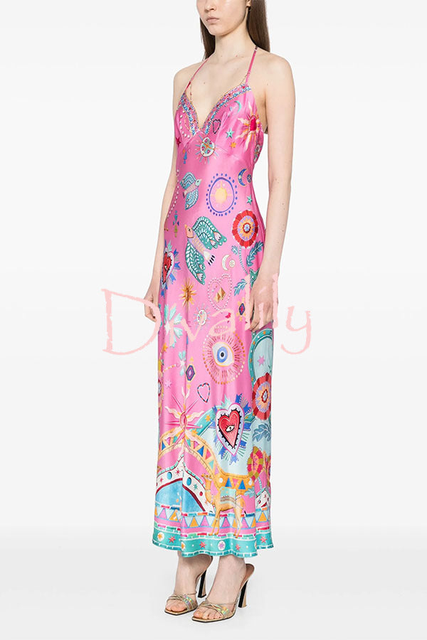 Effortless Chic Satin Unique Print Back Chain Detail Slip Maxi Dress