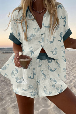 Mermaid Print Loose Button Elastic Waist Shorts Set