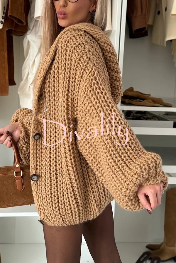 Warm Day Knit Button Up Long Balloon Sleeve Hooded Loose Cardigan
