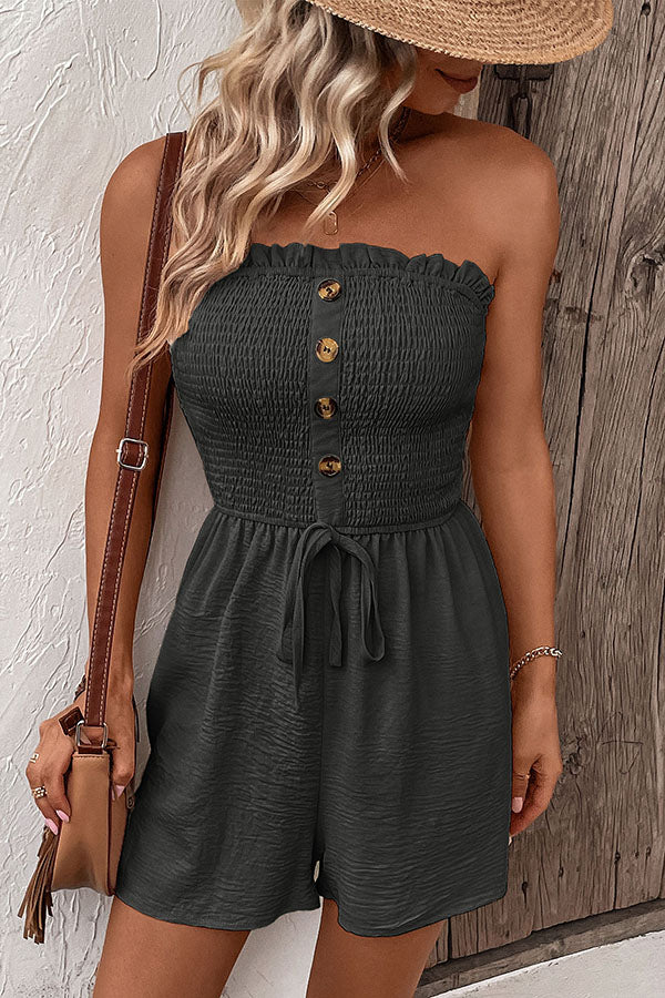 Solid Color Tube Top Button Pleated Casual Rompers