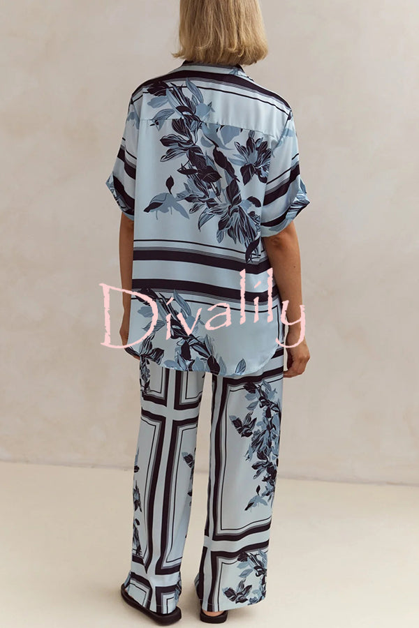 Fashionable Plant Print Loose Lapel Short Sleeve Shirt and Casual Elastic Waist Pocket Pants Set