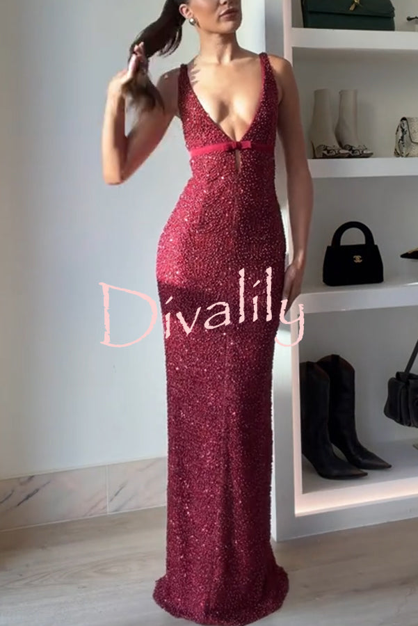 Festival Shines Sequin Beaded Mesh Bow Cutout Detail Slit Maxi Dress
