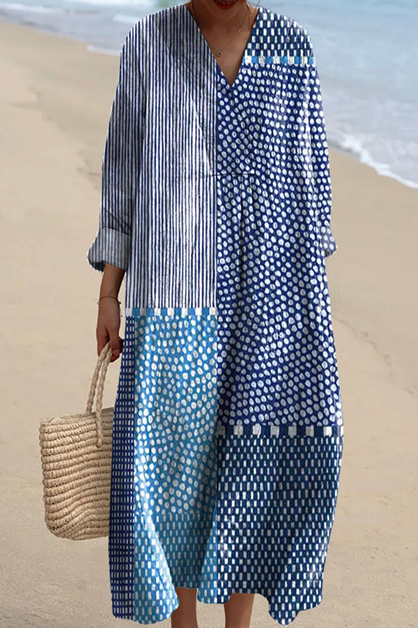 Blue Spot Print V-Neck Long Sleeve Loose Midi Dress