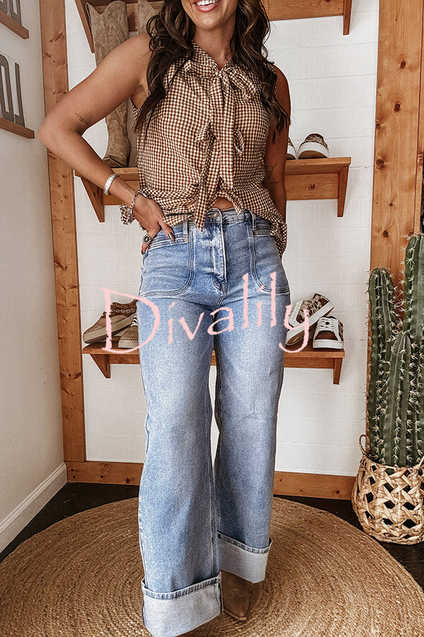 Fashion High Waist Pocket Casual Straight Jeans
