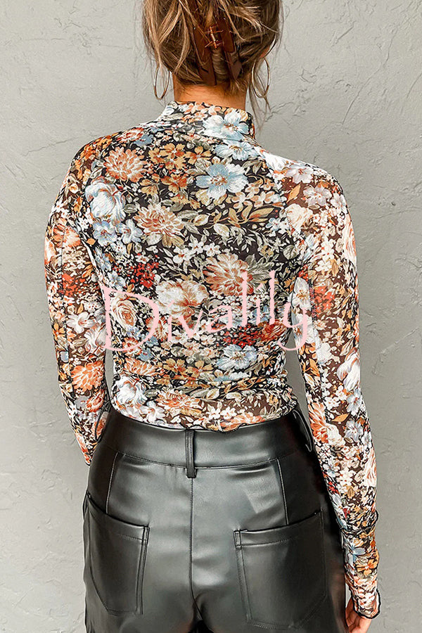 Floral Print Turtleneck Long Sleeve Stretch Bottoming Shirt