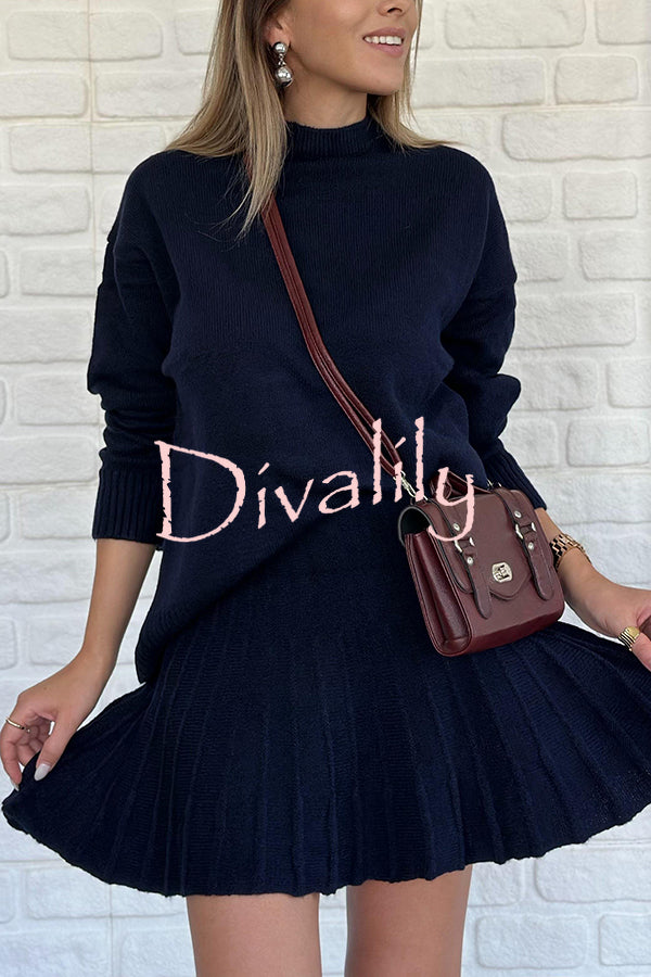 Solid Color Casual Preppy Knit Top and Knit Stretch Pleated Mini Skirt Set