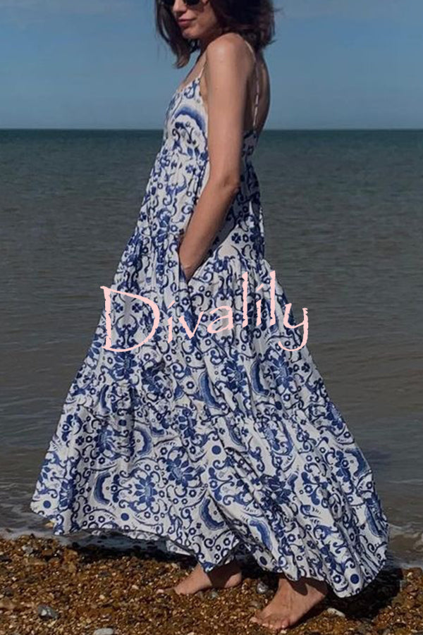 Botanical Floral Print Sexy Sling Backless Maxi Dress