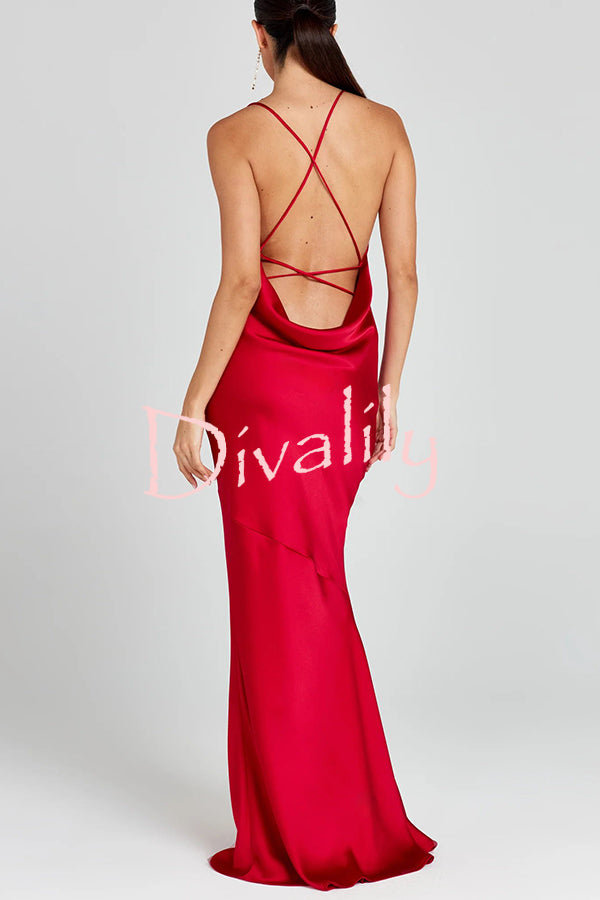 Nicoletta Satin Cowl Neck Backless Lace-up Maxi Dress