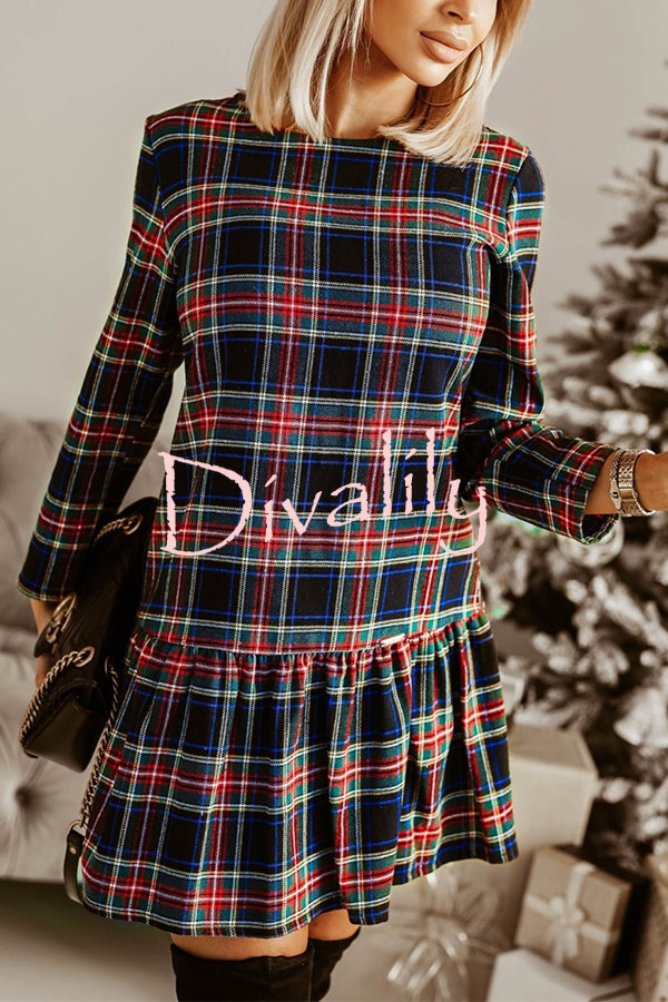 Fashionable Plaid Print Long Sleeve Round Neck Slim Fit Mini Dress