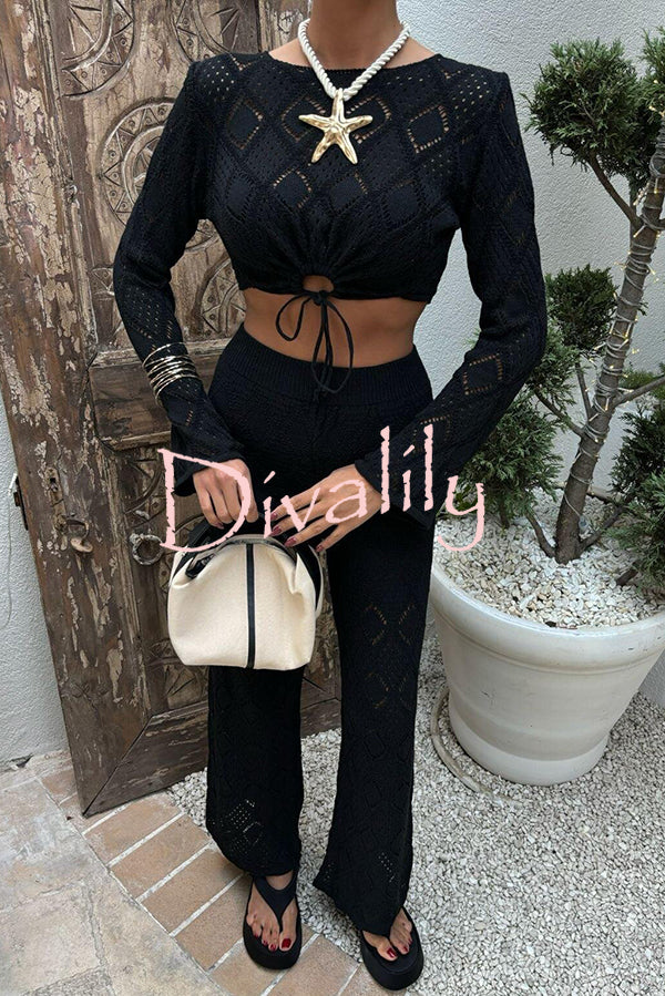 Solid Color Hollow Short Long-sleeved Top and Casual Stretch Wide-leg Pants Knitted Set