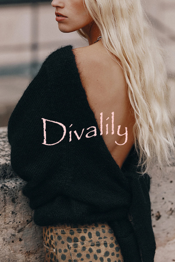 Chunky Season Knit Mohair-blend Long Sleeve Open Back Knot Design Loose Sweater