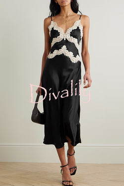 Dreaming of You Contrast Color Satin Lace Trim Back Tie-up Slip Midi Dress